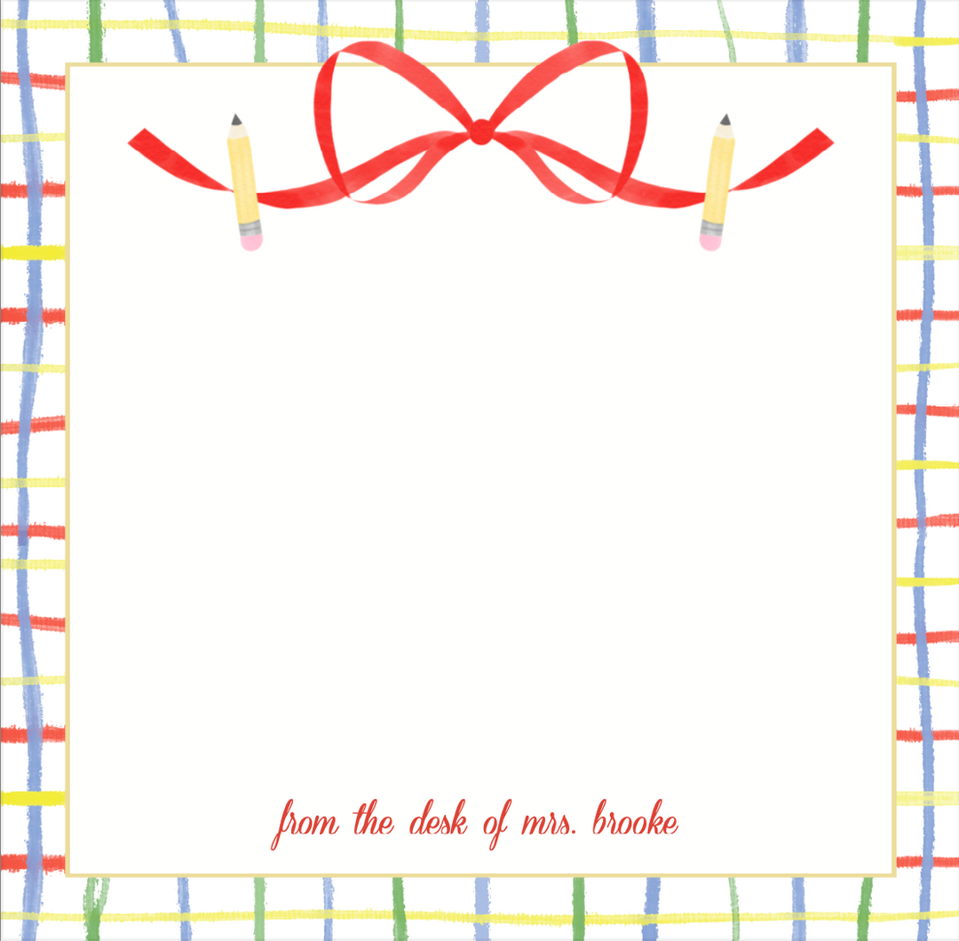 School bow with Pencils and Plaid Border Notepad