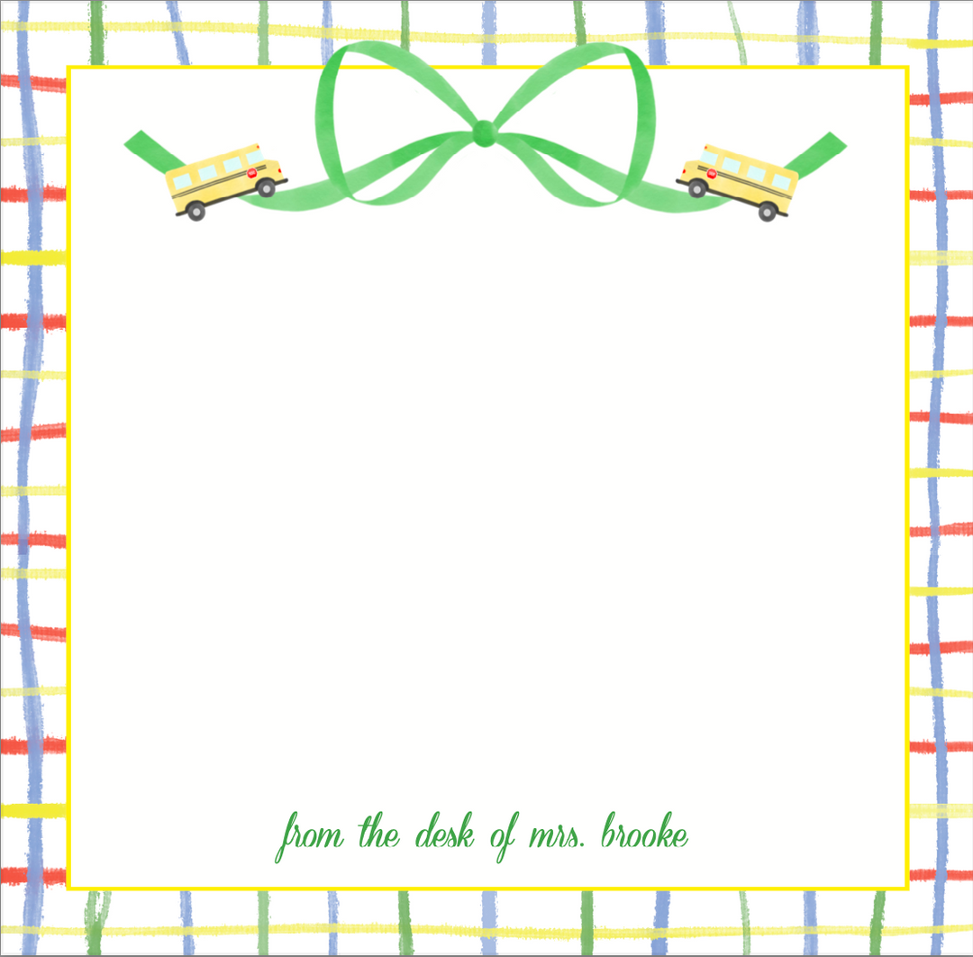 School bow with Bus and Plaid Border Notepad