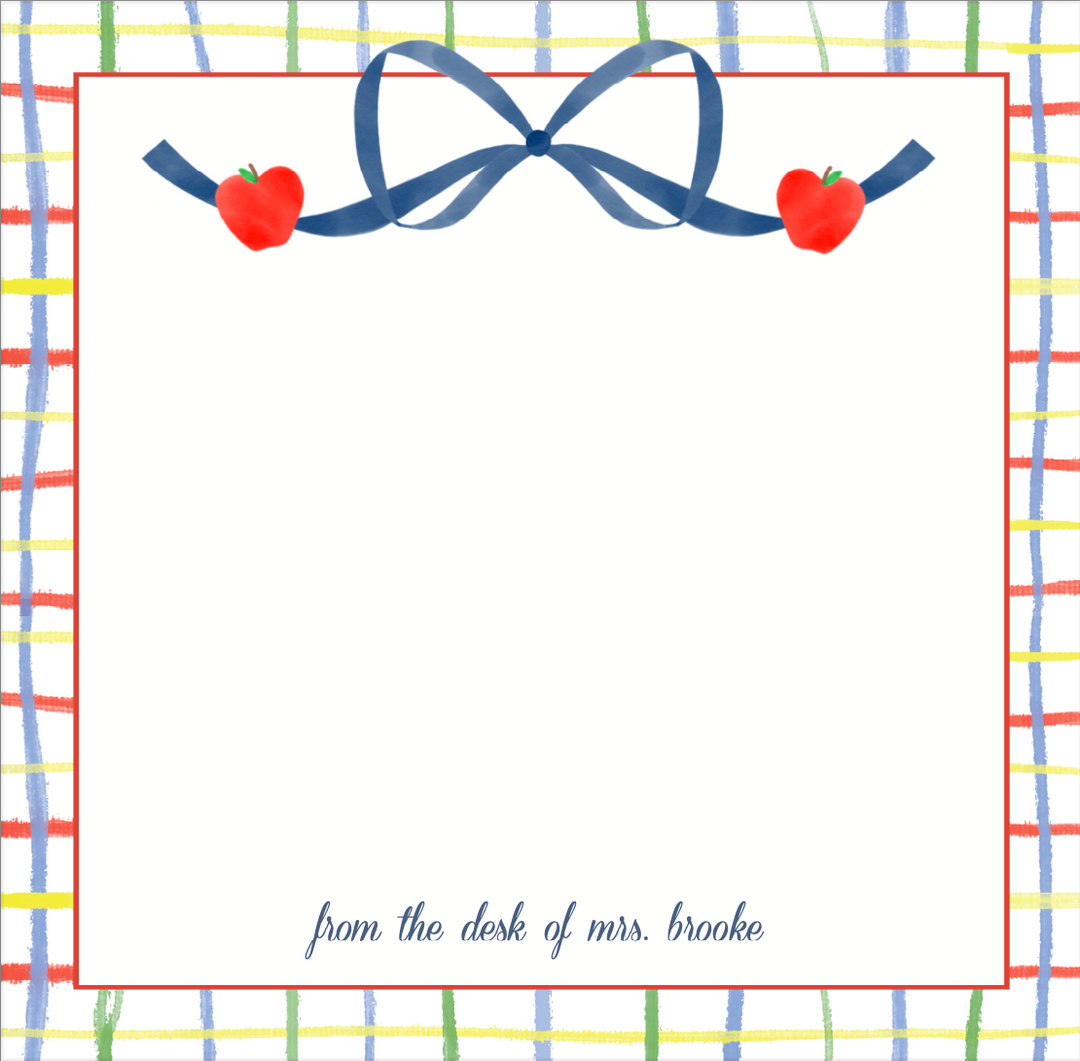 School bow with Apples and Plaid Border Notepad