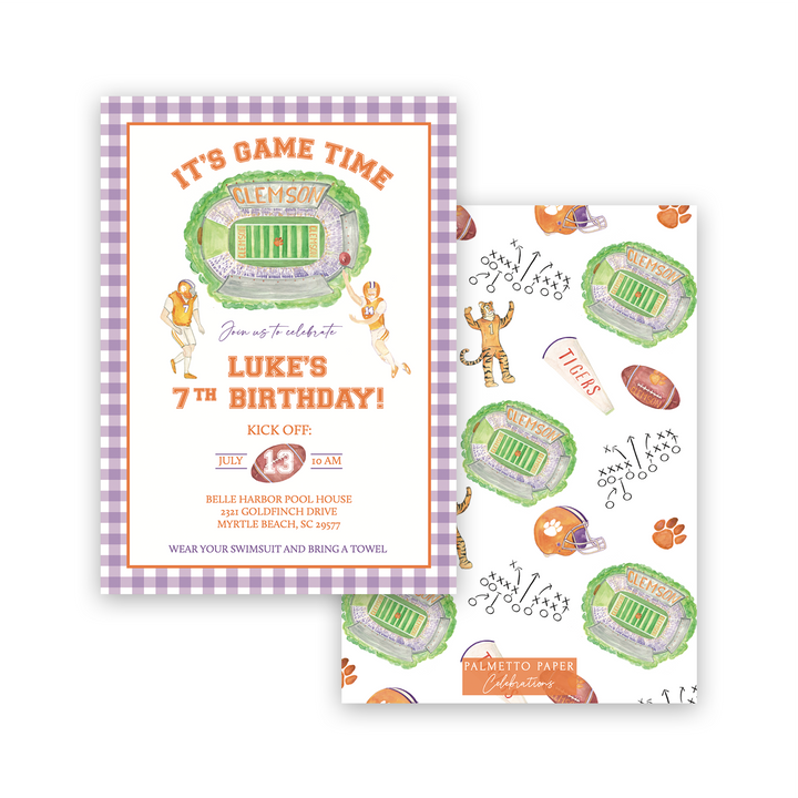 Tigers Football Birthday Invitation - Purple Gingham Border