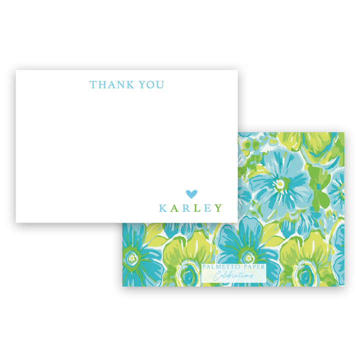 Turquoise and Green Flowers Thank You Notecards