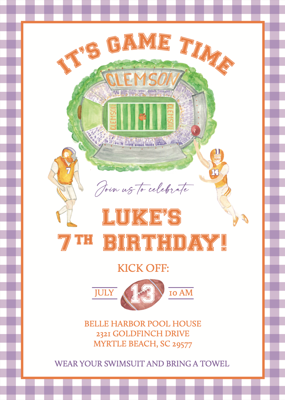 Tigers Football Birthday Invitation - Purple Gingham Border