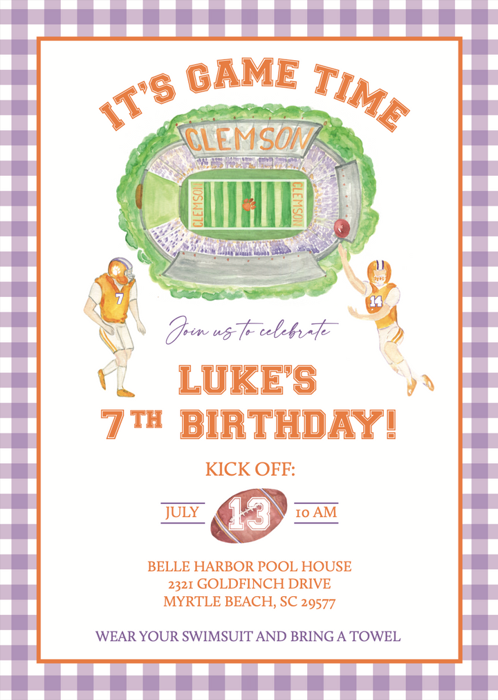 Tigers Football Birthday Invitation - Purple Gingham Border