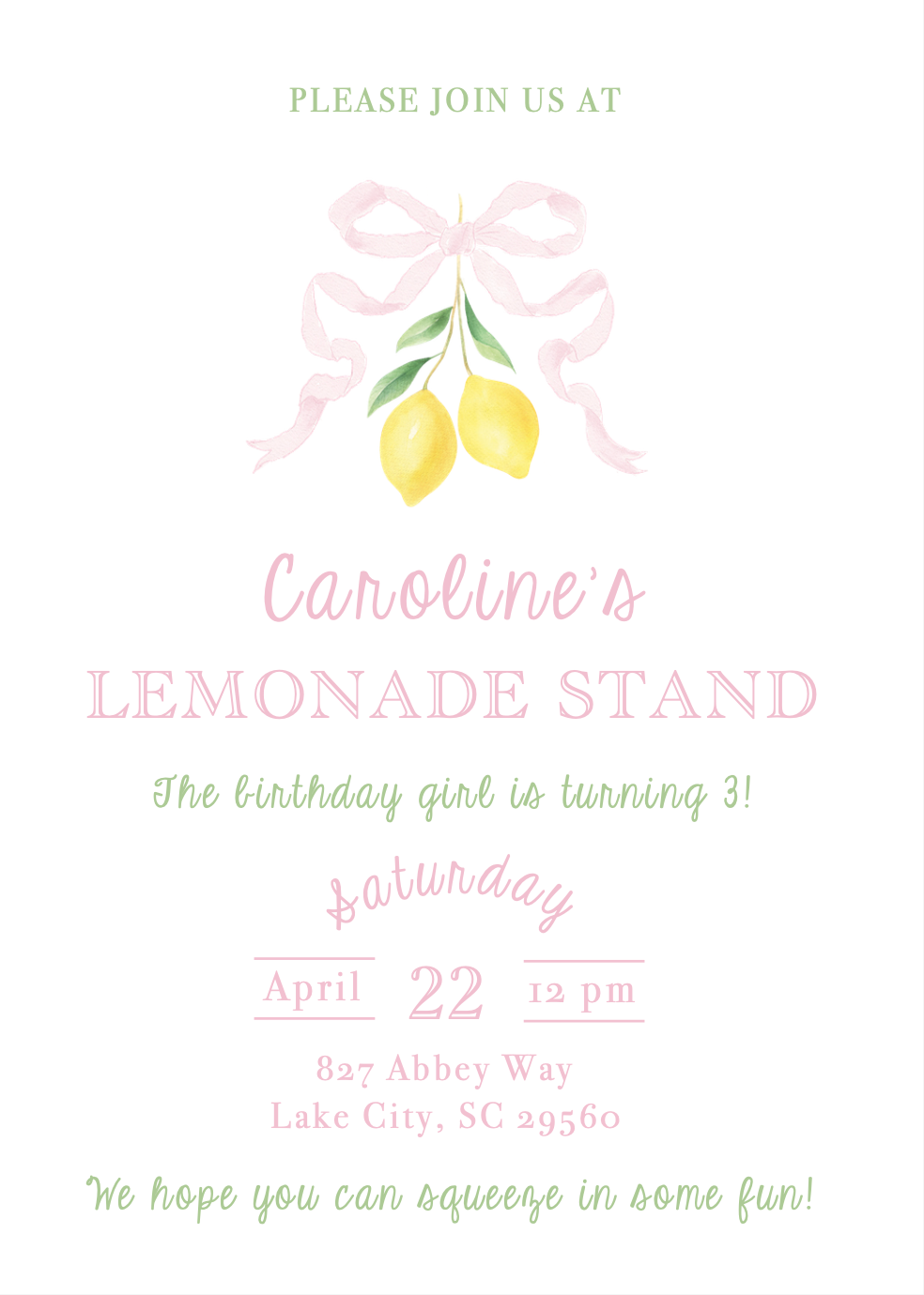 Lemonade Stand Birthday Invitation