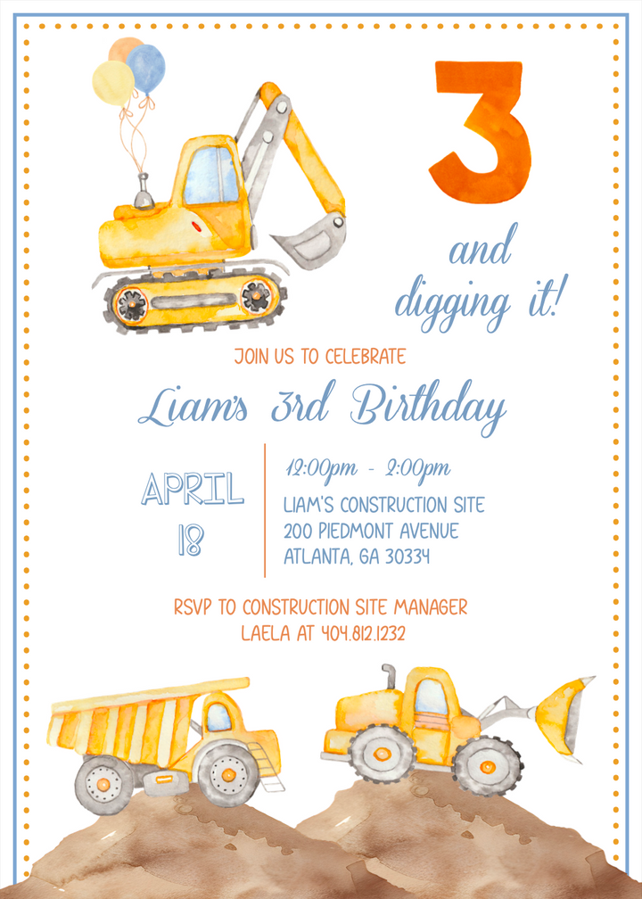 Three and Digging It Birthday Invitation